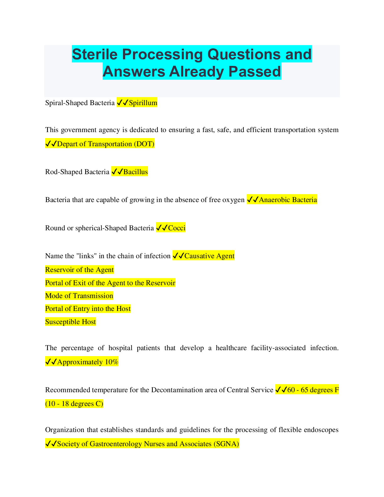 Preview image for Sterile Processing Questions and Answers Already Passed